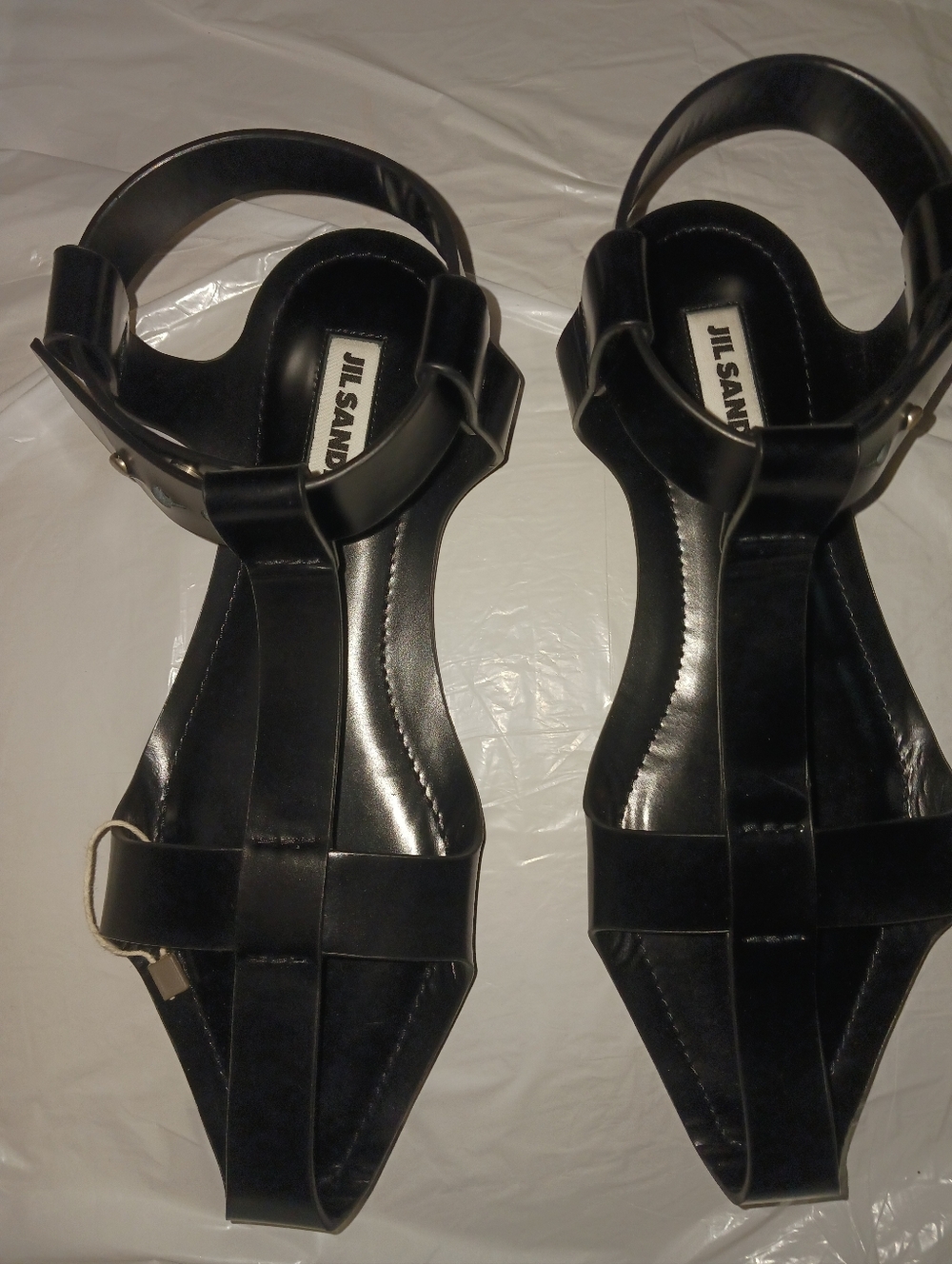 Jil Sander Black Leather T-Strap Women's Sandals
